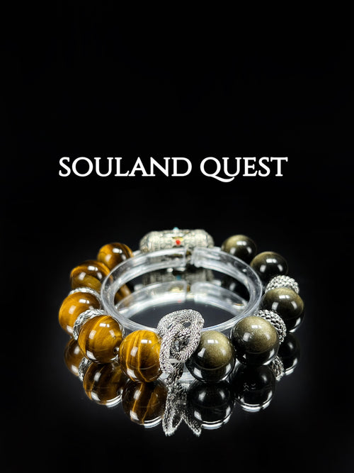Dragon’s Blessing Bracelet – Golden Tiger’s Eye, Golden Obsidian & Six-Syllable Mantra for Strength & Protection