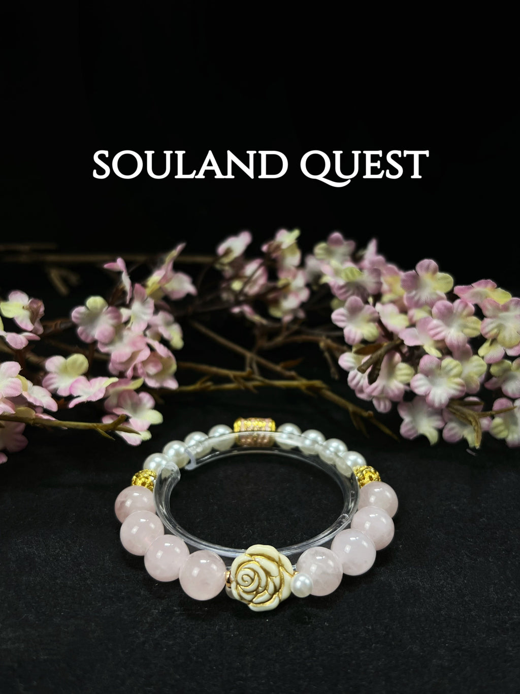 Blossom Grace Bracelet – Rose Quartz, Pearl & Golden Floral Charm for Love & Serenity - Souland Quest