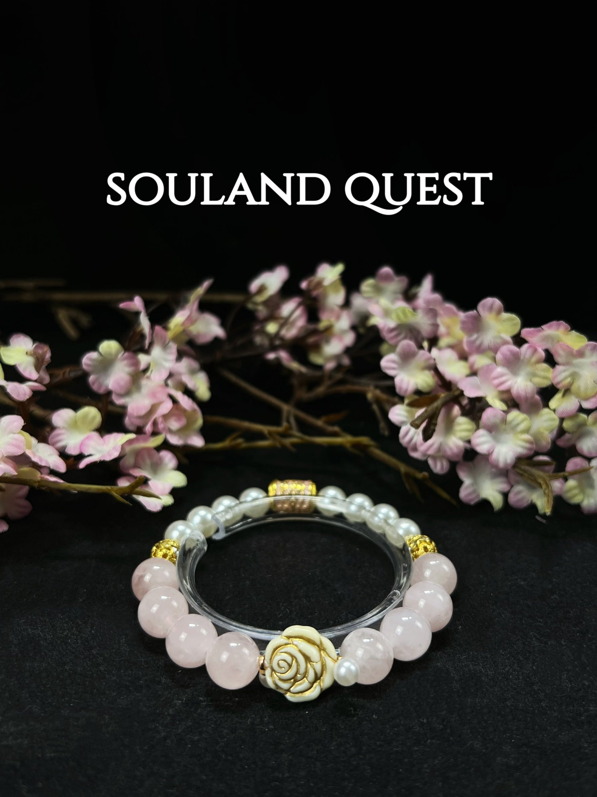 Blossom Grace Bracelet – Rose Quartz, Pearl & Golden Floral Charm for Love & Serenity - Souland Quest