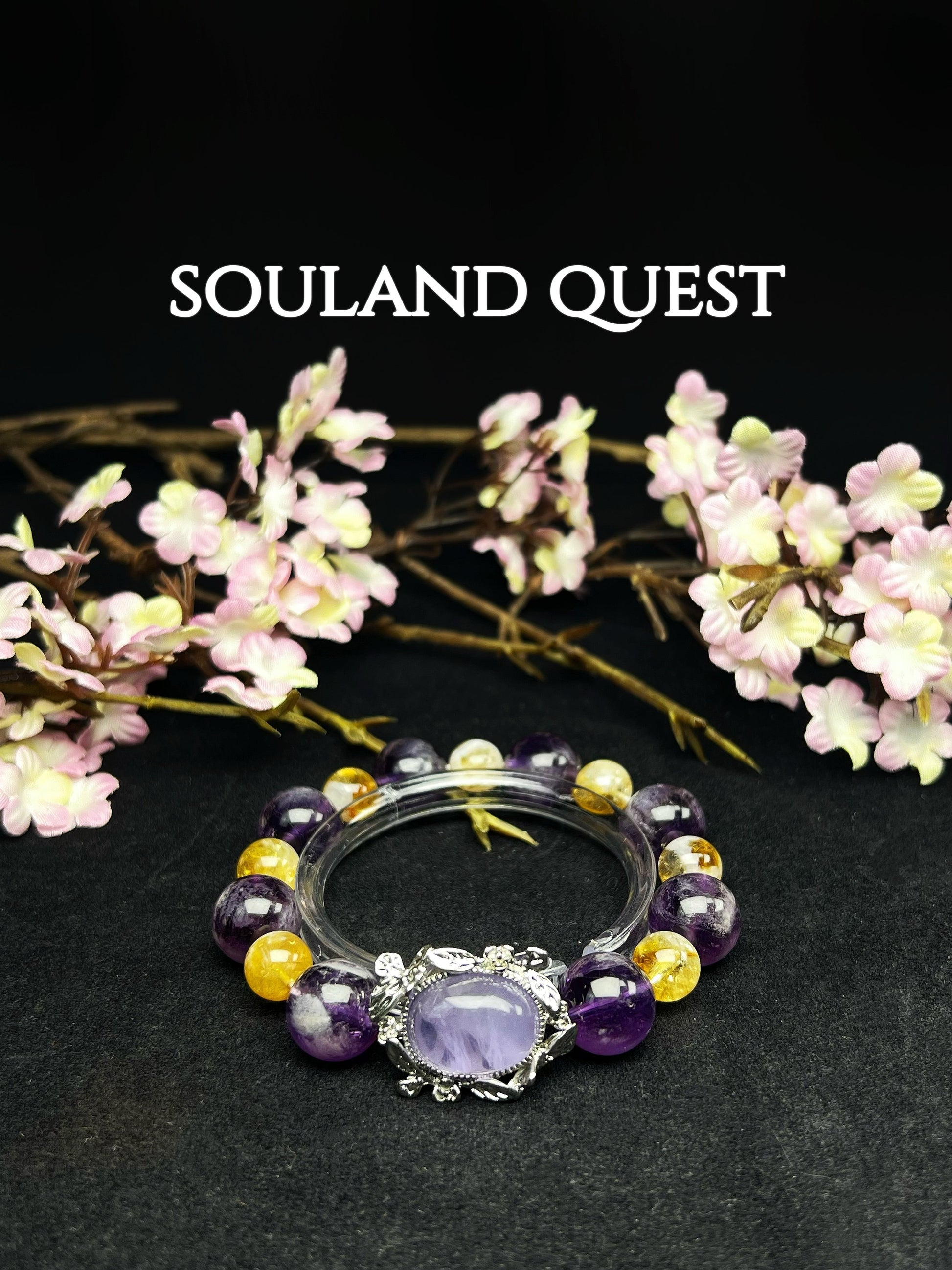 Celestial Bloom Bracelet – Lavender Rabbit Hair Quartz, Citrine & Purple Tourmaline with Silver Floral Accents for Joy, Growth & Spiritual Harmony - Souland Quest