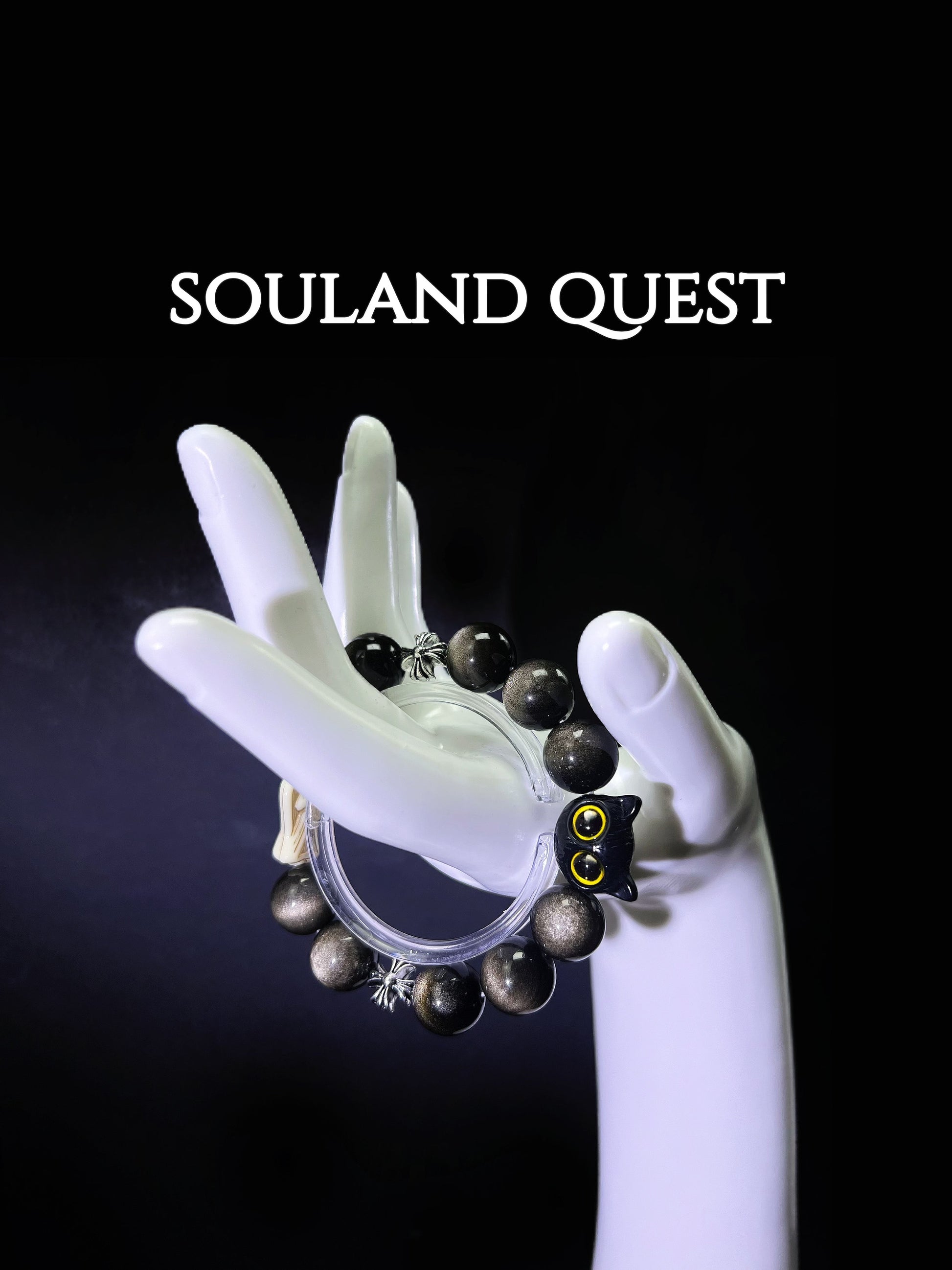 Divine Shadow Bracelet – Silver Obsidian, God & Black Cat Charms for Protection & Balance - Souland Quest
