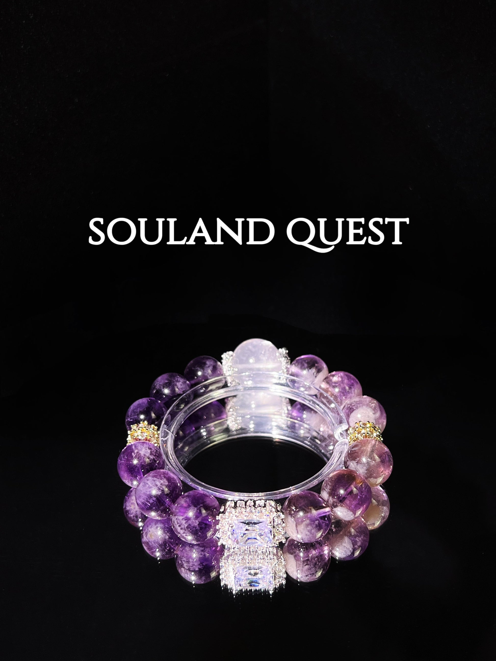 Ethereal Healing Bracelet – Purple Rutilated Quartz, White Phantom & Silver Square Gemstones - Souland Quest