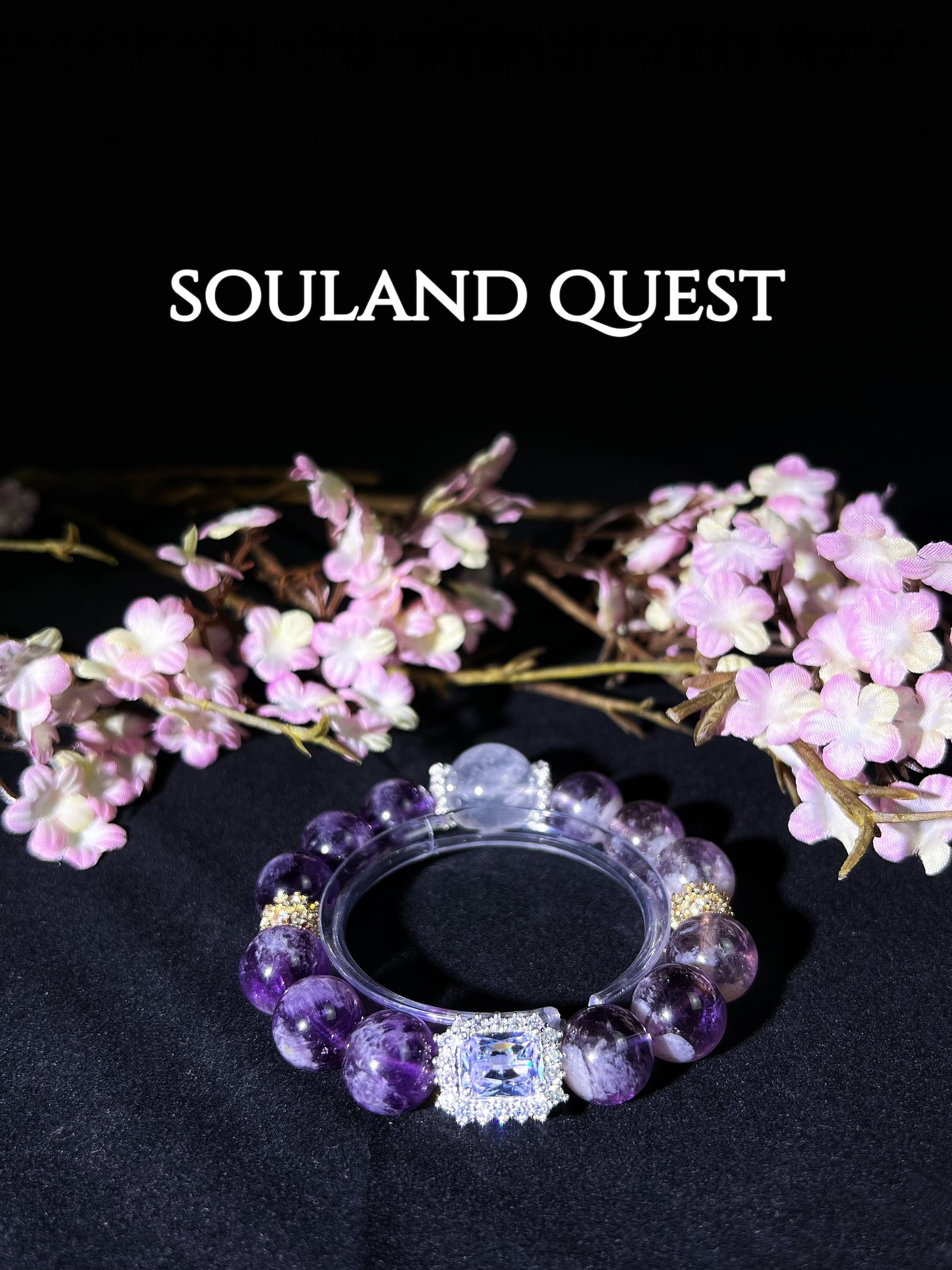 Ethereal Healing Bracelet – Purple Rutilated Quartz, White Phantom & Silver Square Gemstones - Souland Quest