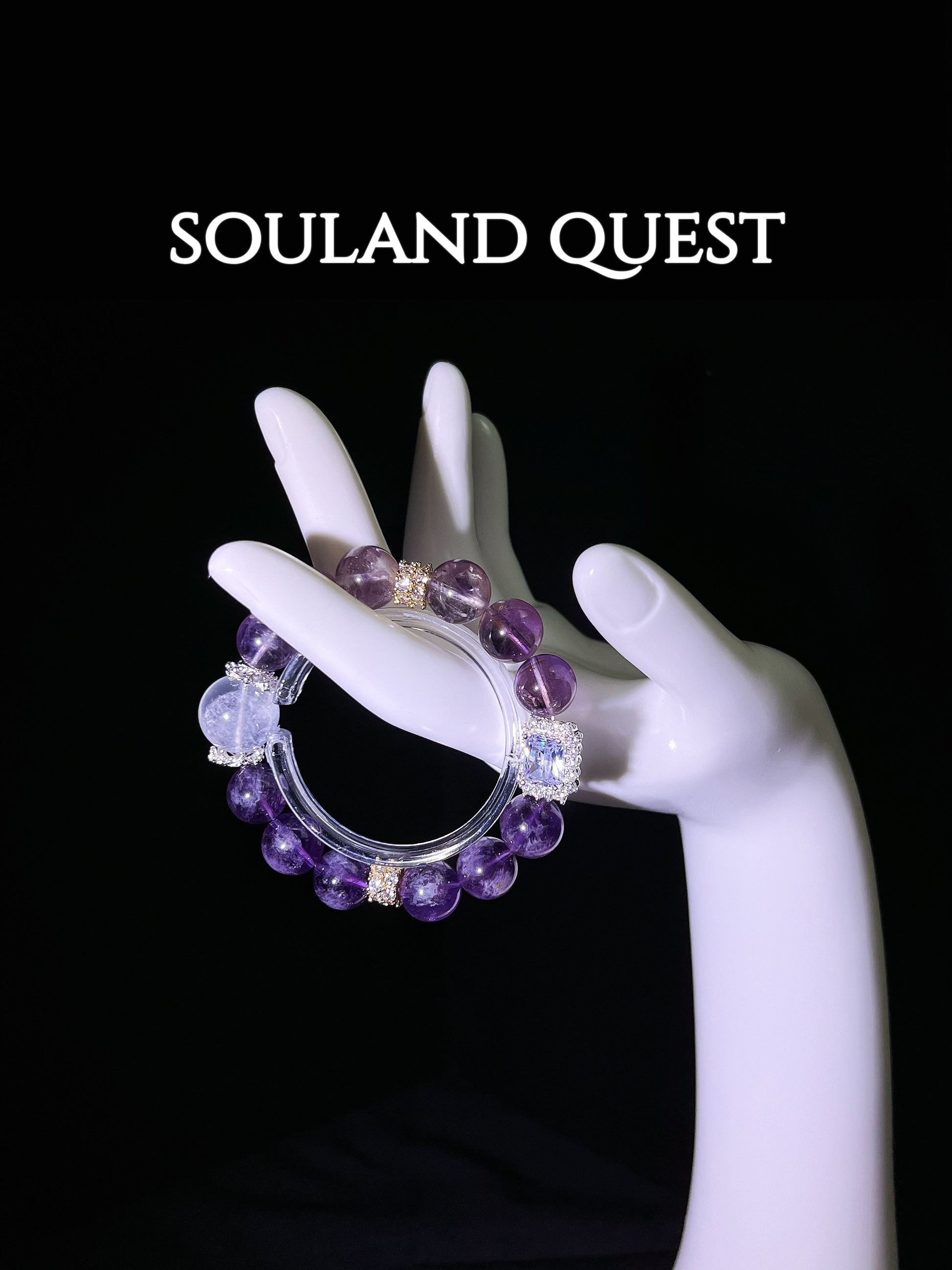 Ethereal Healing Bracelet – Purple Rutilated Quartz, White Phantom & Silver Square Gemstones - Souland Quest