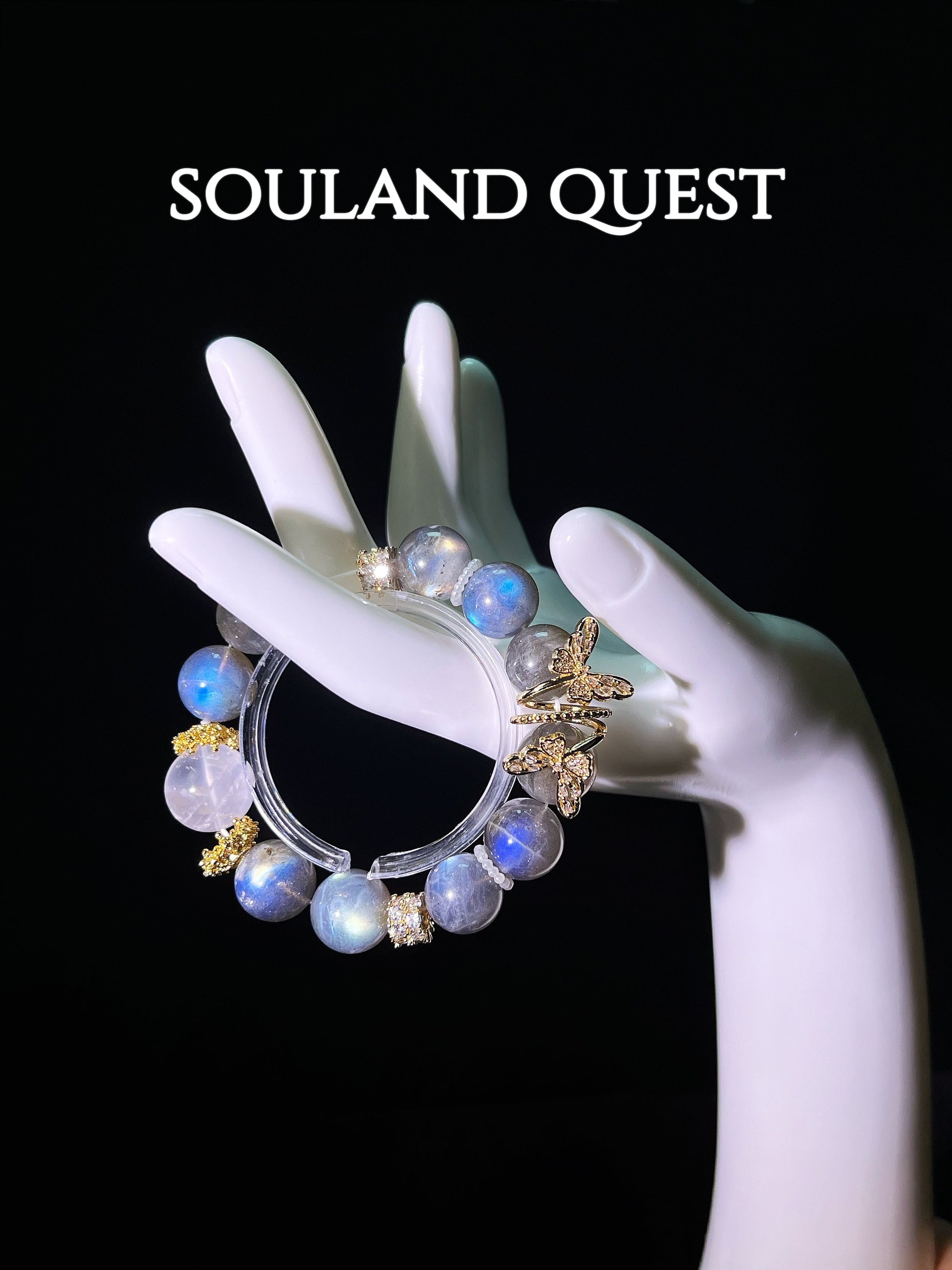 Ethereal Wings Bracelet – Gray Moonstone, White Phantom Quartz & Gold Butterfly Accents for Spiritual Growth 🦋🌟 - Souland Quest