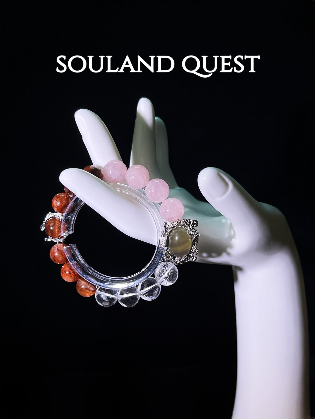 Lush Harmony Bracelet – Rose Quartz, Clear Quartz, Red Hematoid Quartz & Olive Green Tourmaline with Silver Accents for Love & Vitality 💖🌿 - Souland Quest