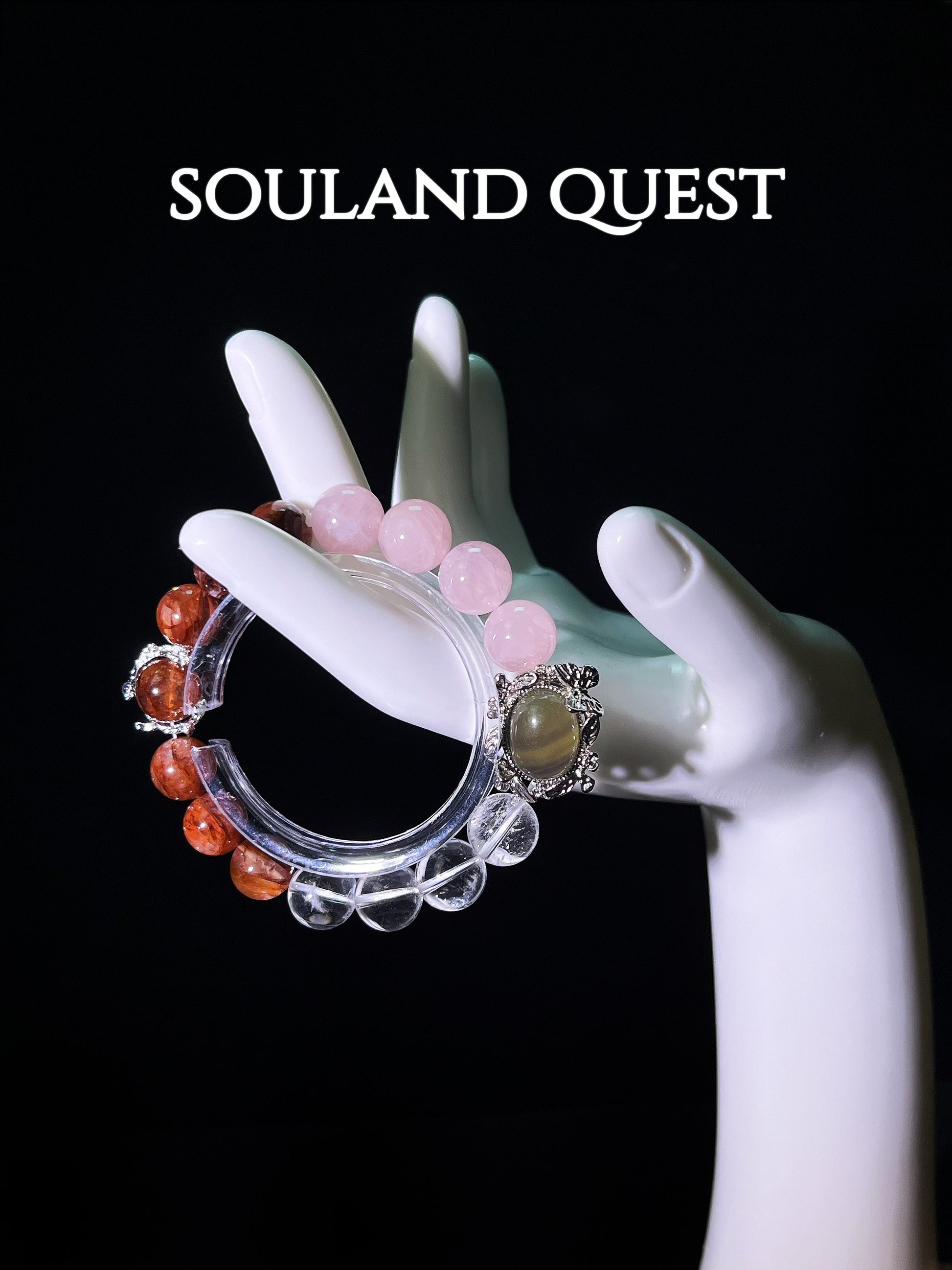 Lush Harmony Bracelet – Rose Quartz, Clear Quartz, Red Hematoid Quartz & Olive Green Tourmaline with Silver Accents for Love & Vitality 💖🌿 - Souland Quest