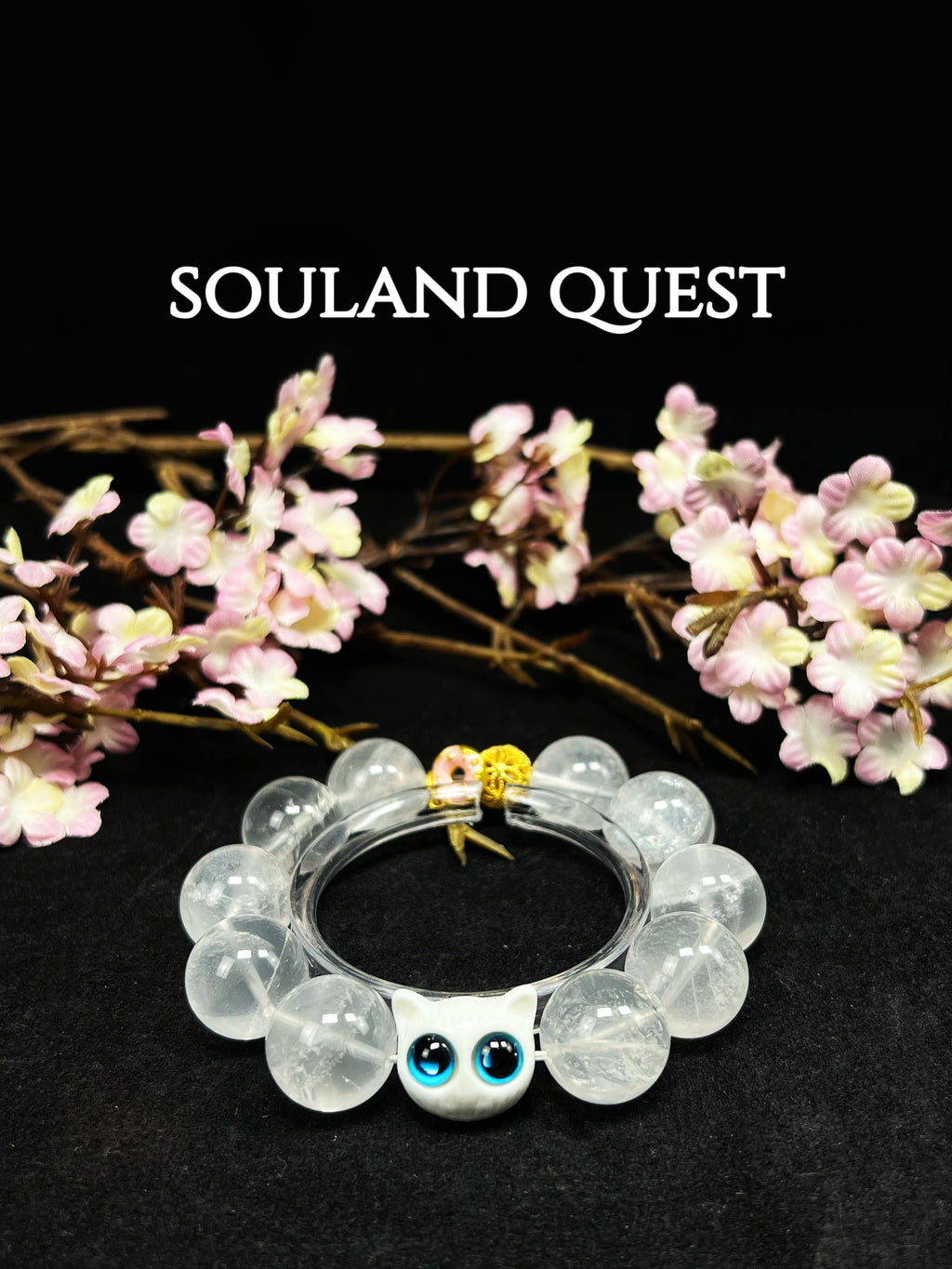Starlit Companion Bracelet – White Phantom Quartz, Cat Charm & Golden Circle for Balance & Warmth - Souland Quest
