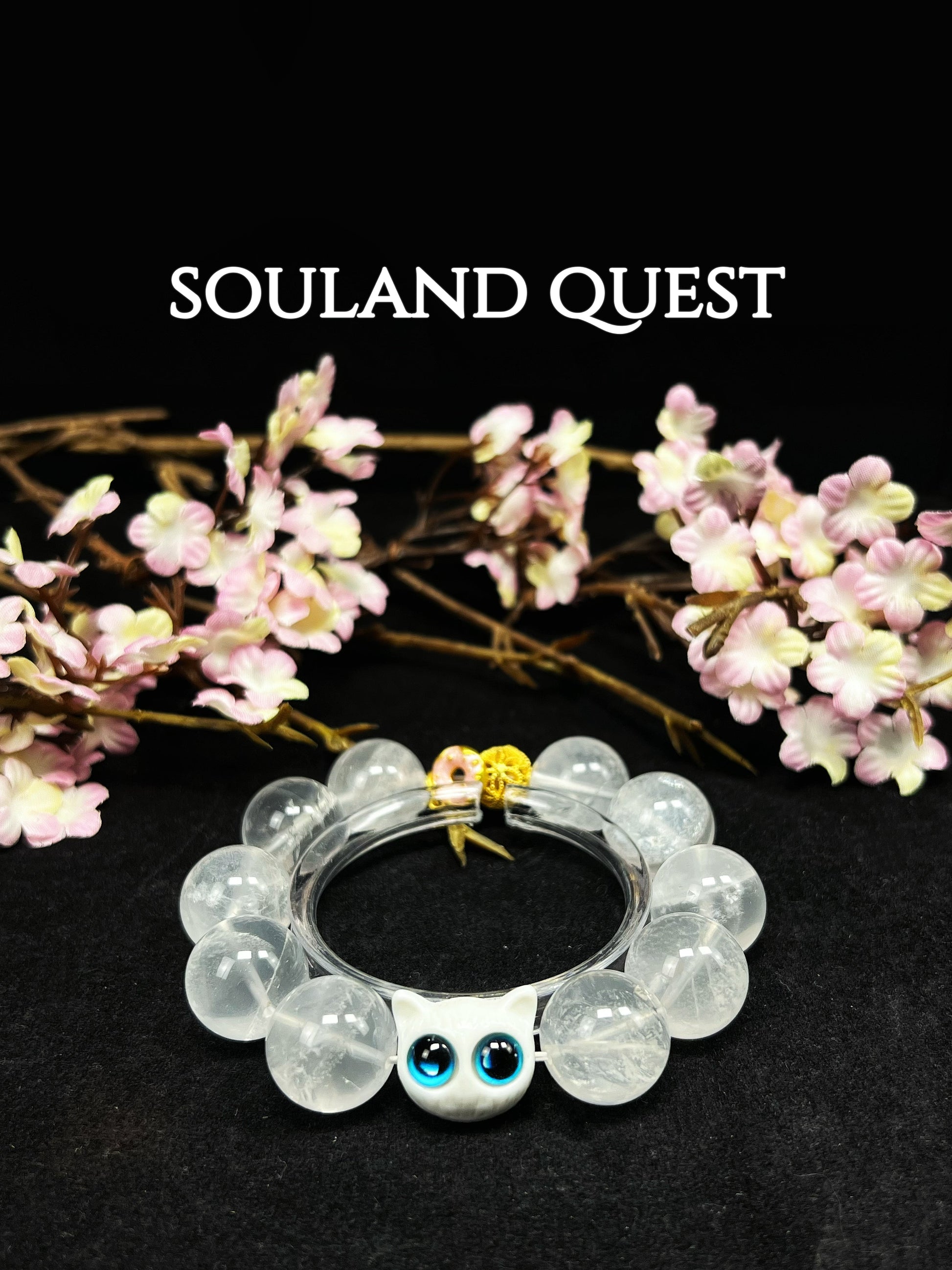 Starlit Companion Bracelet – White Phantom Quartz, Cat Charm & Golden Circle for Balance & Warmth - Souland Quest