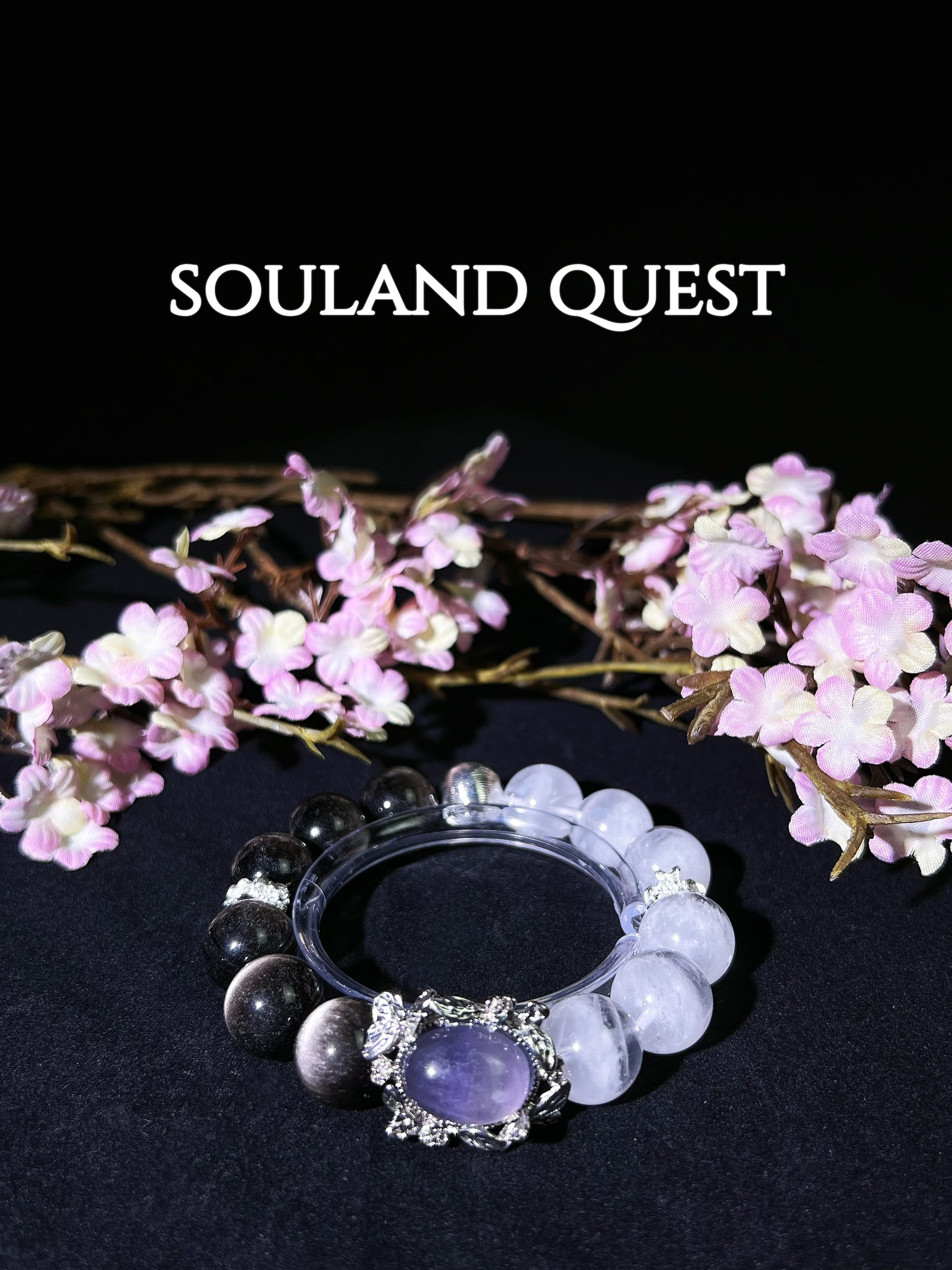 Twilight Radiance Bracelet – Silver Obsidian, White Phantom & Purple Tourmaline with Silver Wreath - Souland Quest