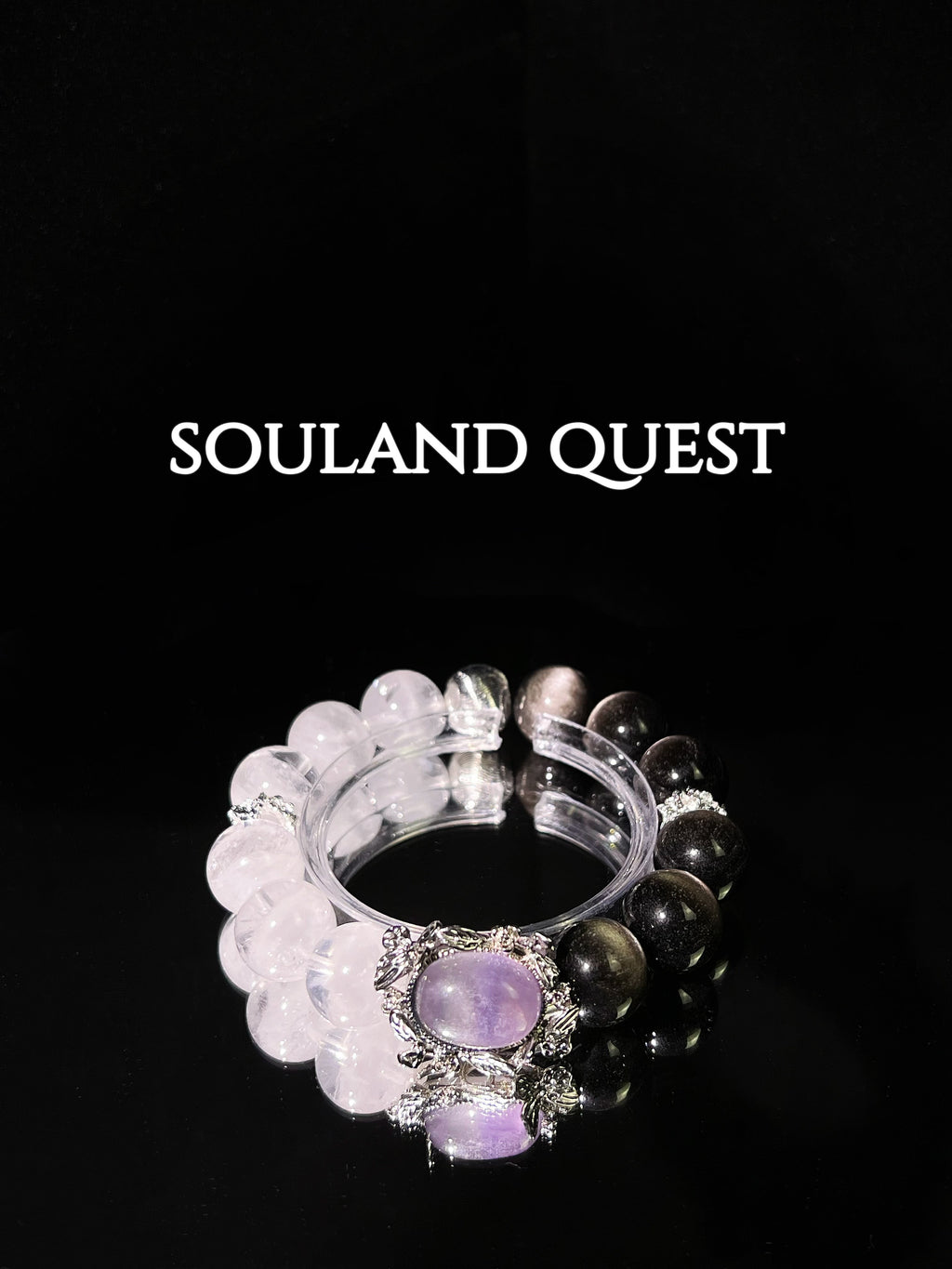 Twilight Radiance Bracelet – Silver Obsidian, White Phantom & Purple Tourmaline with Silver Wreath - Souland Quest